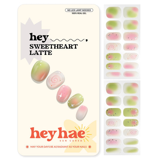 Heyhae Semi Cured Gel Nail Strips | No LED Lamp Needed | Fall, Glam, Pink | Easy Apply & Remove, Salon Quality | Includes 28 Strips, 1 Prep Pads, Nail File & Wooden stick - Hey, Sweetheart Latte