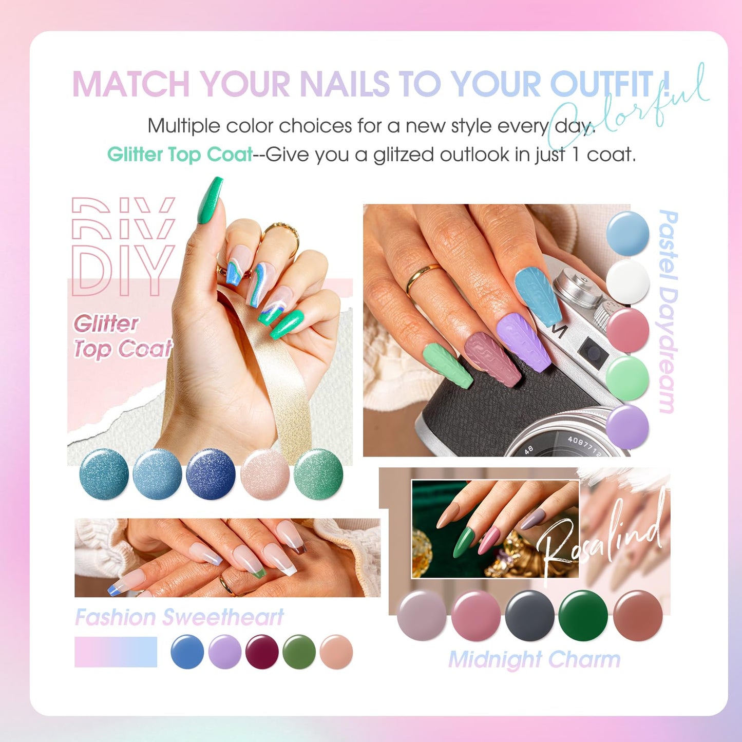 ROSALIND 30PCS Gel Nail Polish Set with Base Glossy Matte and Glitter Top Coat Gel Polish, Wite Blue Green Gel Nail Set Soak Off Gel Polish Set