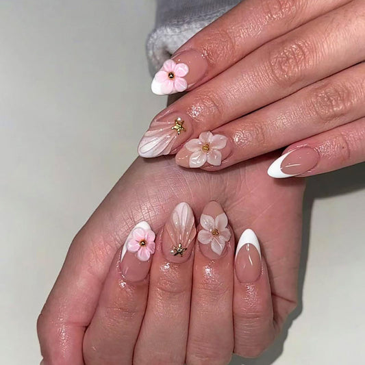 24Pcs Pink Flower Press on Nails Medium Almond Fake Nails with Glue White French Tip False Nails with 3D floral Starfish Pearl Design Cute Almond Nails Press ons Reusable Stick on Nail for Women