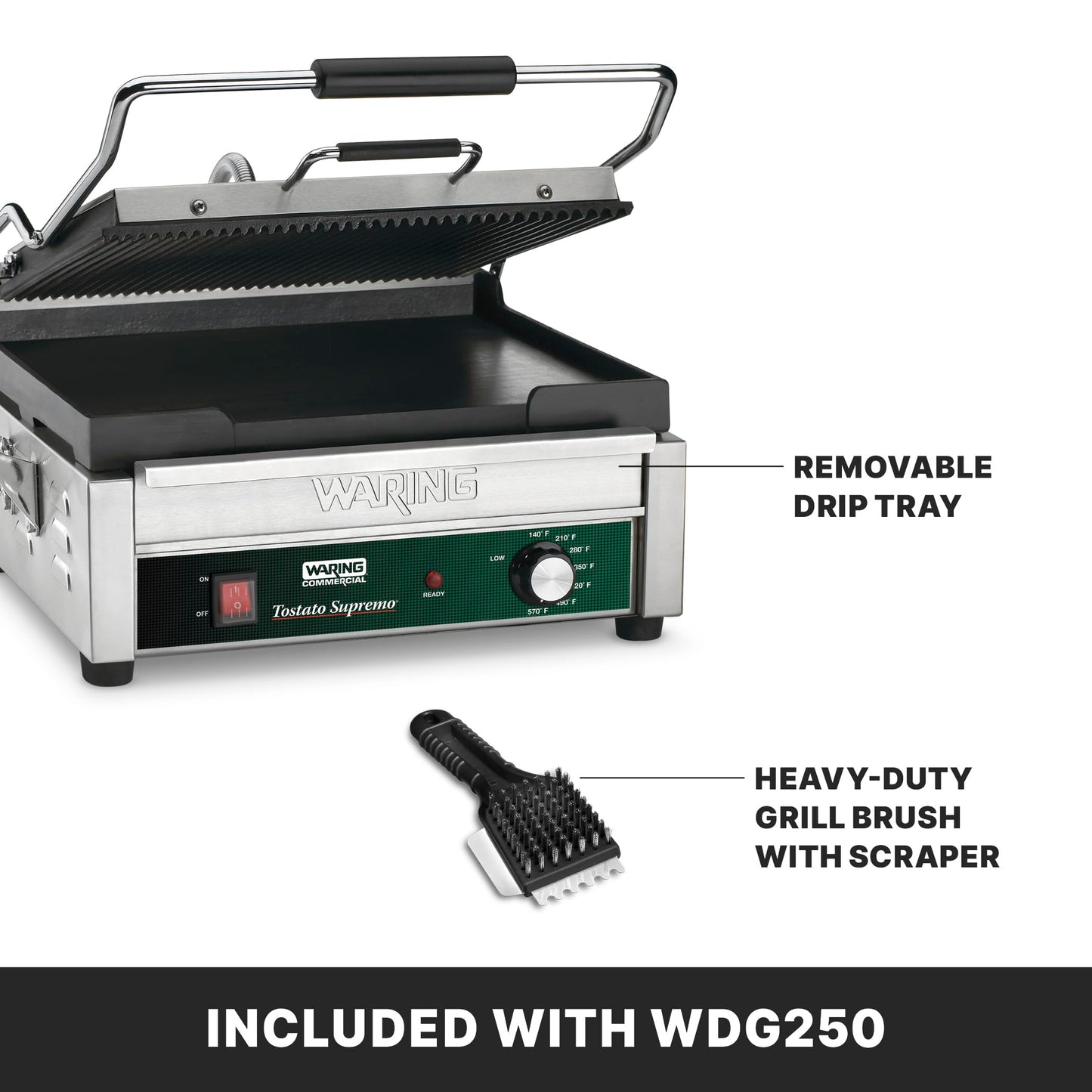 Waring Commercial WDG250 Tostato Supremo Ribbed Top Plate and Flat Bottom Plate Large Surface Panini Grill, 120 V, 1800W, 5-15 Phase Plug