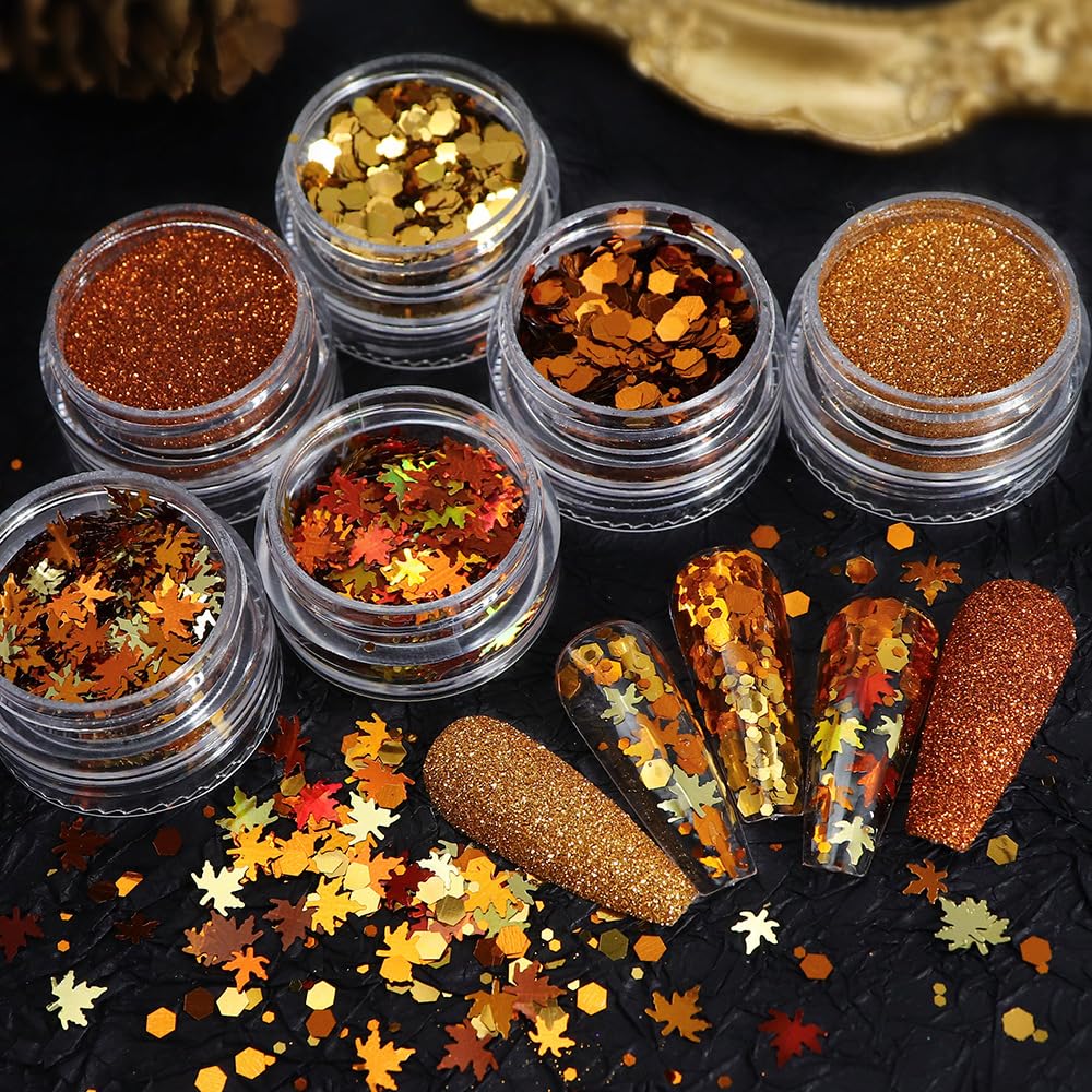 6 Box Maple Leaf Nail Art Glitter Fall Nail Sequins Flakes with Golden Leaves Design Manicure Fine Glitter Powder Autumn Nails Stickers Decals Supplies Nails Charms for Women Girls Decoration