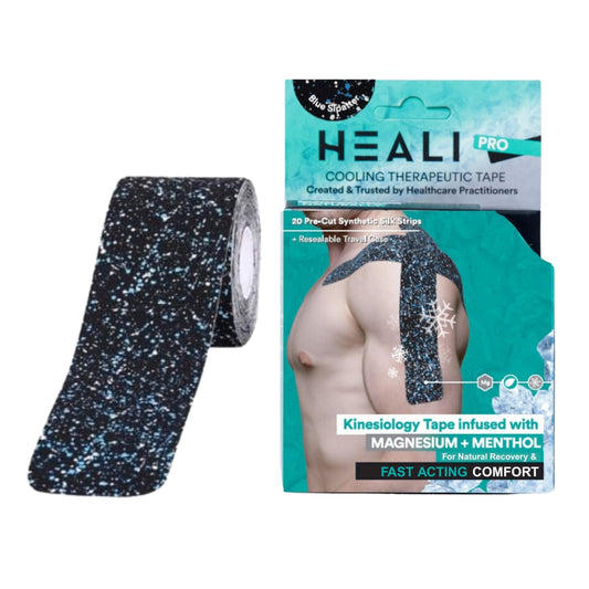 Heali Kinesiology Tape with Magnesium and Menthol, 20 Pcs Precut Strips, K Tape Roll, Knees, for Physical Therapy, Sports, Muscles and Joints, Water Resistant, Blue Splatter
