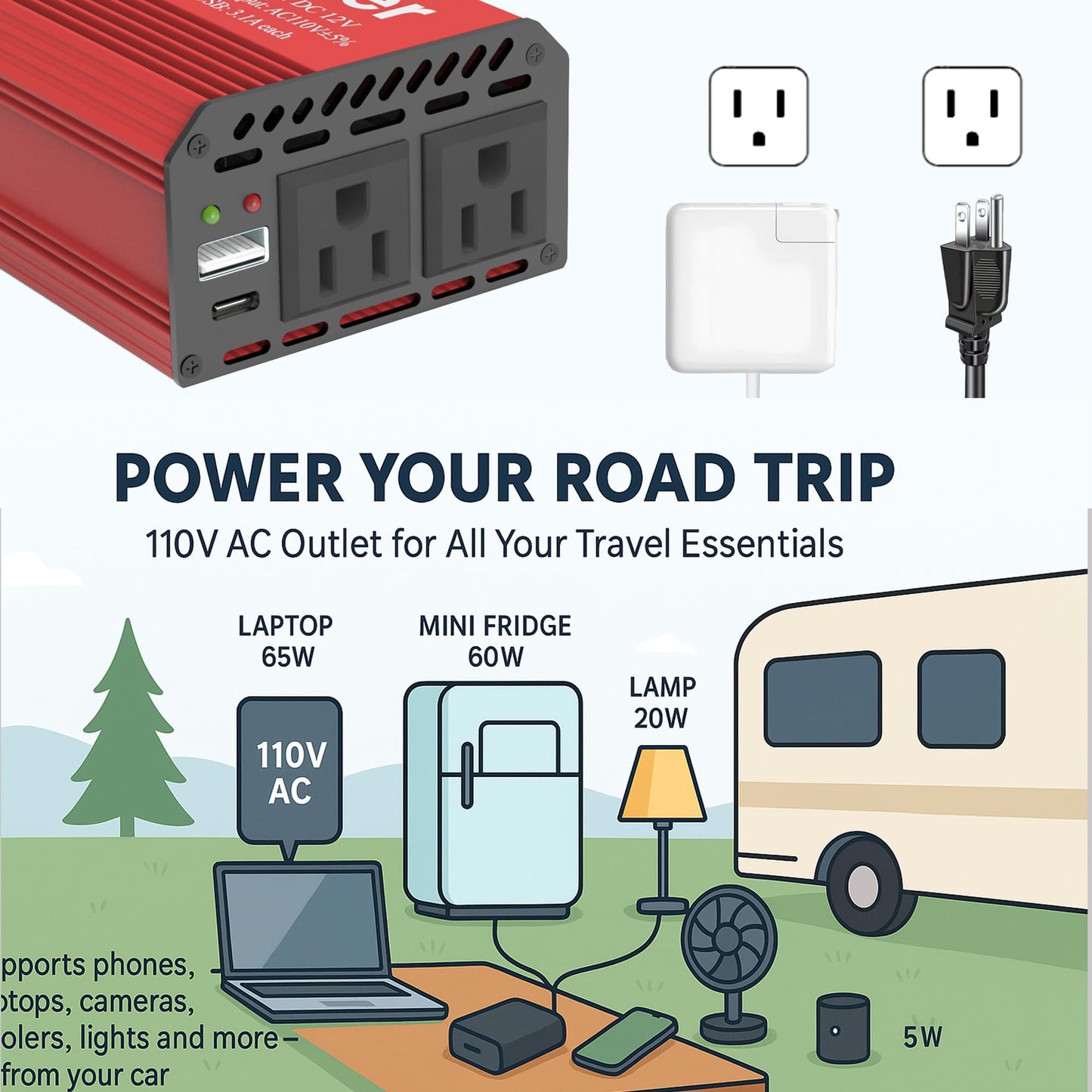 Pro Chaser 400W Power Inverters for Vehicles - DC 12v to 110v AC Car Inverter Converter, USB-A, PD 65W USB-C Ports, Dual AC Adapter for Air Compressor Laptops