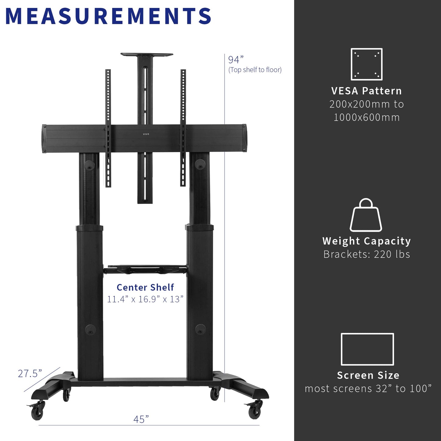 VIVO Aluminum Mobile TV Cart for 32 to 100 inch Screens up to 220 lbs, LCD LED OLED 4K Smart Flat and Curved Panels, Heavy Duty Stand, Shelf, Wheels, Max VESA 1000x600, Black, STAND-TV22B