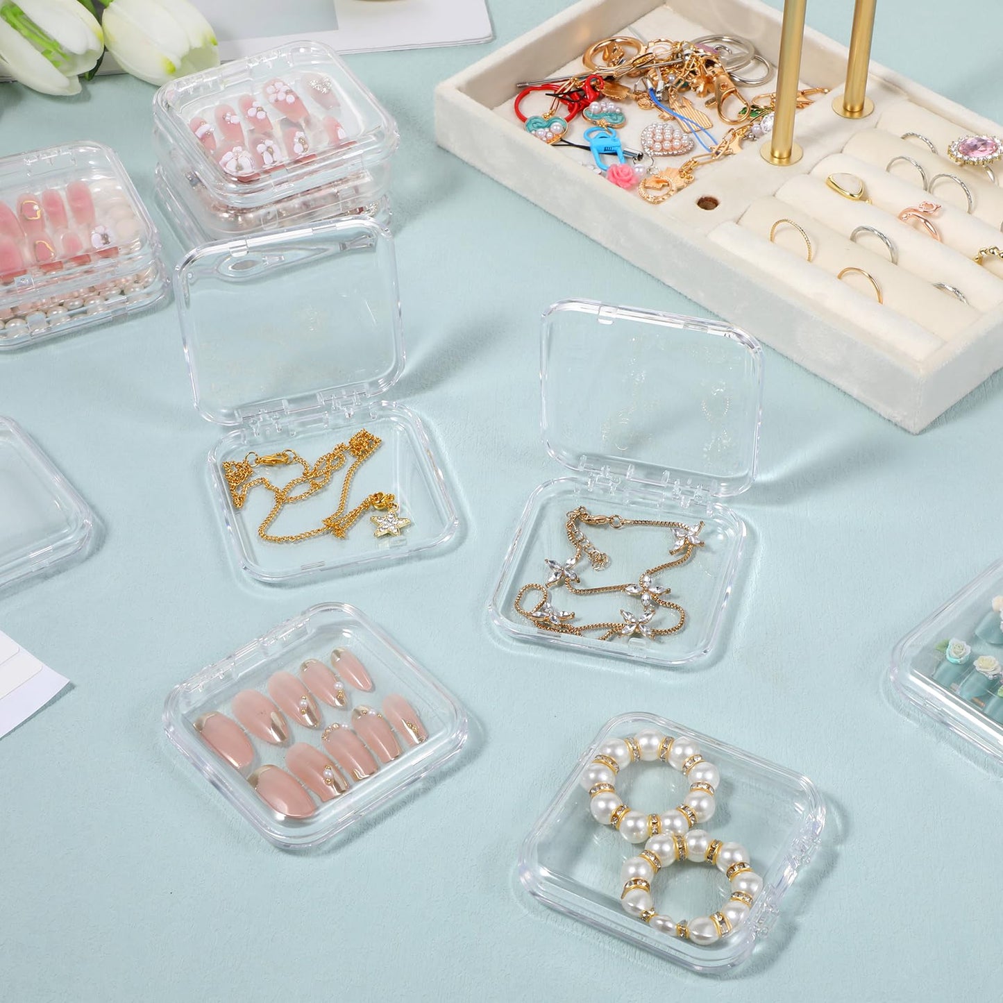 SHENLIU 50 Sets Press On Nail Storage Box, Clear Artificial Nail Display Case Acrylic Nail Boxes Press On Nail Packaging Box with Adhesive Double Sided Tape Nail Boxes for Nail Salon