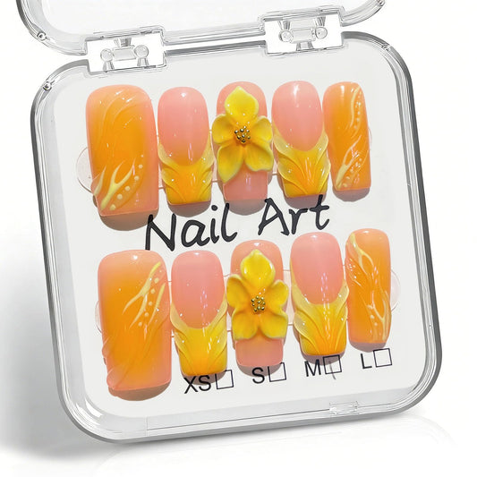 10 Pcs Handmade Press on Nails Medium Square Fake Nails with Yellow 3D Flower Curves Design Acrylic French Tip False Nails M Size Pink Press Ons Nails Square for Women Nail Art