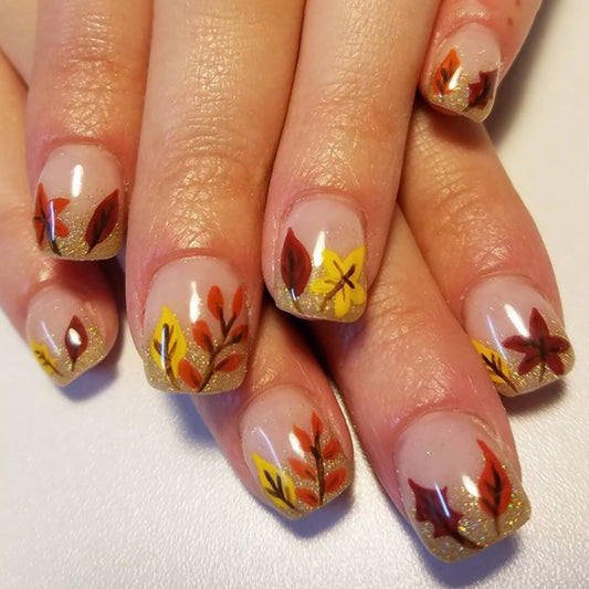 Thanksgiving Press on Nails Short Square Colorful Maple Leaves False Nails with Gold Glitter Powder Design French Acrylic Nails Fall Full Cover Glossy Coffin Nails Reusable Glue on Nails for Women