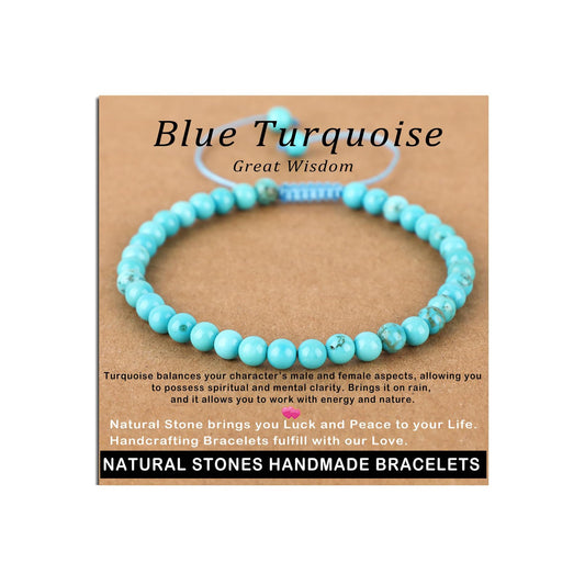 AD Beads 4mm Blue Turquoise - Wisdom - Handmade Natural Stone Crystal Bracelet with Adjustable Macrame String - Yoga Healing Power Energy Gifts for Men and Women
