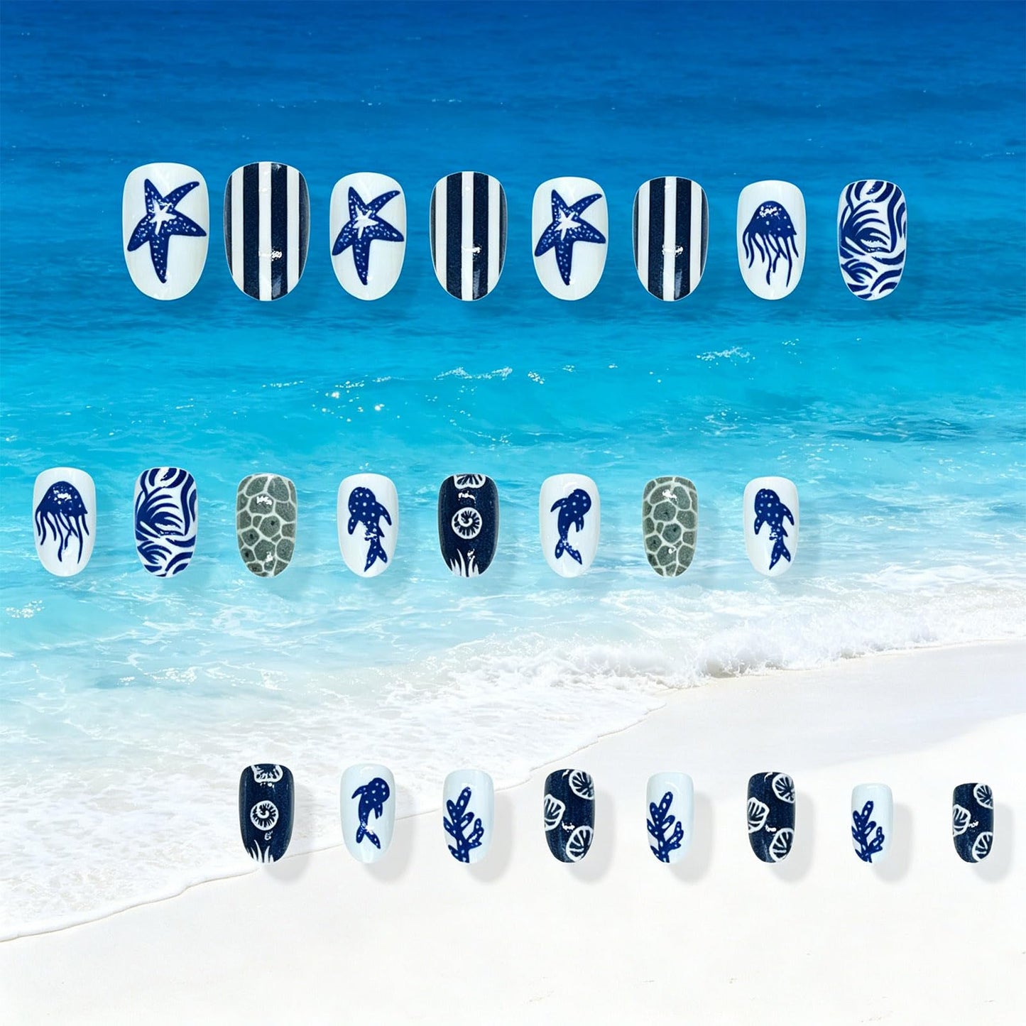 Ocean Themed Press on Nails Medium Almond, Whale False Nails, Glossy Blue Stripe Fake Nail Starfish Glue on Nail, Jellyfish Stick on Reusable Acrylic Fingernails for Women Summer Beach Daily Wear