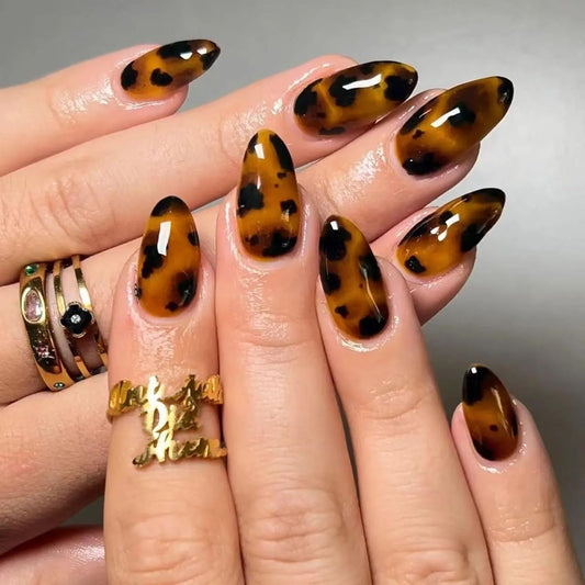IMRAIN Fall Press on Nails Almond Medium Fake Nails Brown Amber False Nails Full Cover Glossy Acrylic Glue on Nails