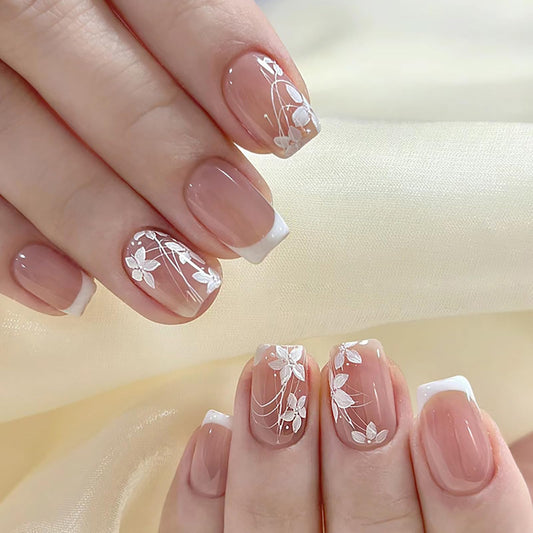 RTKHFZE Press on Nails French Tip Short Fake Nails Square Acrylic Nails with Cute Flower Designs Artificial Pink False Nails Stick on Nail for Women Manicure 24Pcs