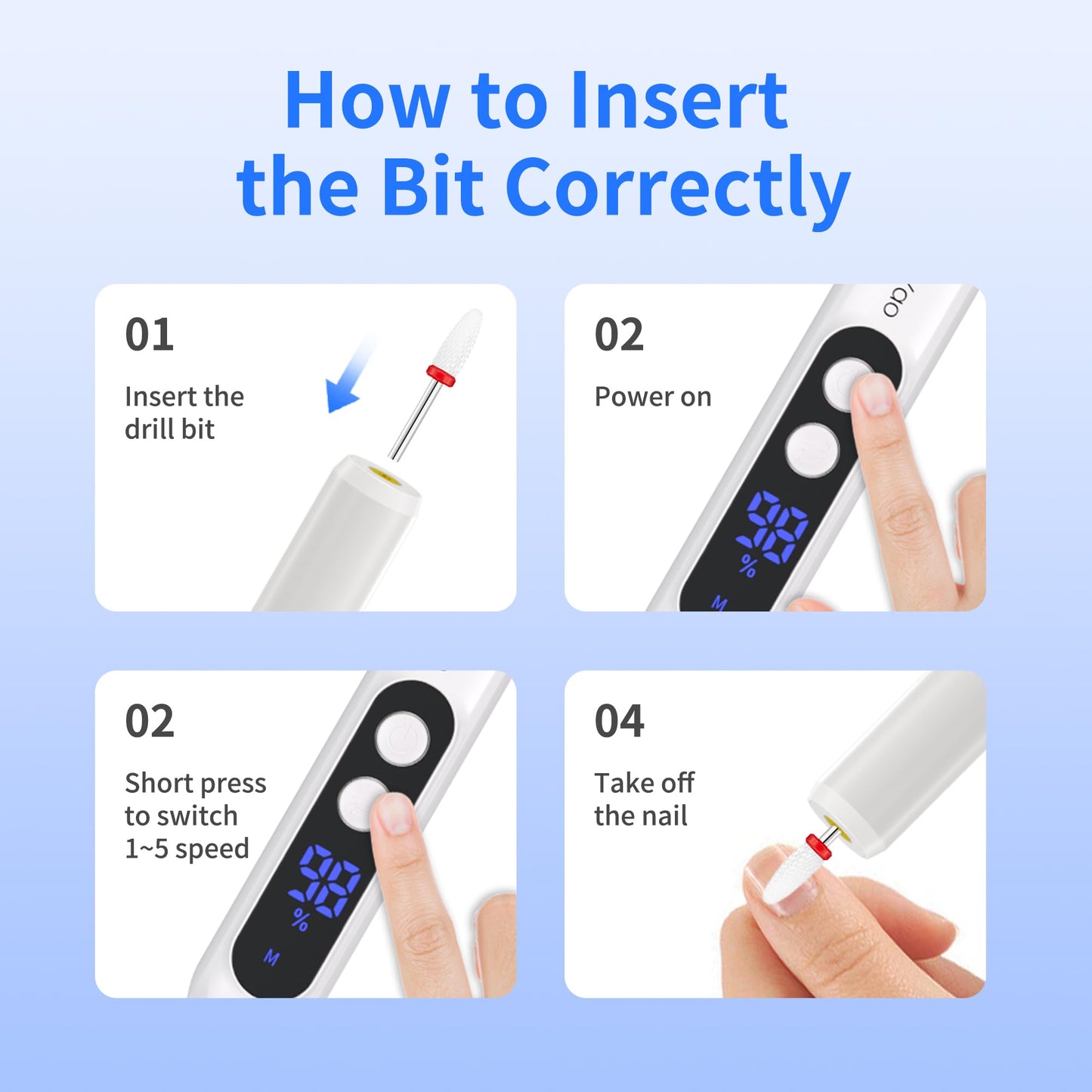 Electric Nail Drill Professional Electric Nail File Kit 11 in 1 Rechargeable Manicure Pedicure Tools Cordless Nail Drill with 3 Speeds Modes and LED Lighting for Acrylic Gel Dip Powder Nails(White)