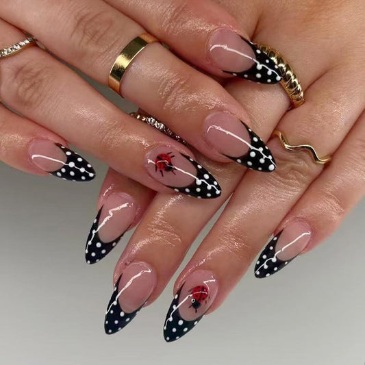 IMRAIN Press on Nails Almond - Medium Black French Tip Fake Nails with Polka Dot & Ladybug Designs, Glossy Full Cover False Nails, 24Pcs Nail Kit for Women Manicure