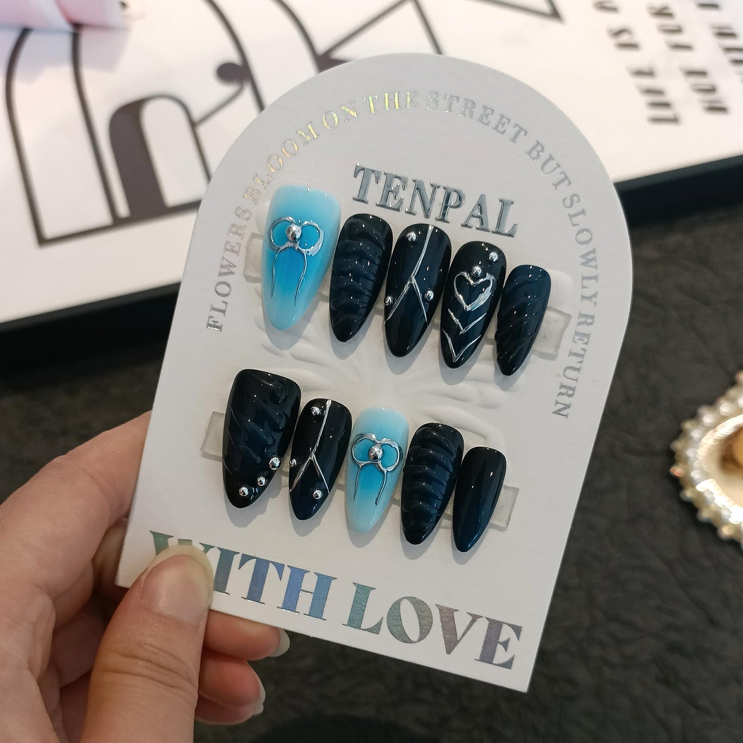 TENPAL Metal Embellished Fake Nails Almond Shape,Navy Blue Glossy Fake Nails with Silver Bows & Steel Beads,3D Water Drop Design Handmade Soft Gel Nails,Sweet Acrylic Press on Nails,10pcs S Size