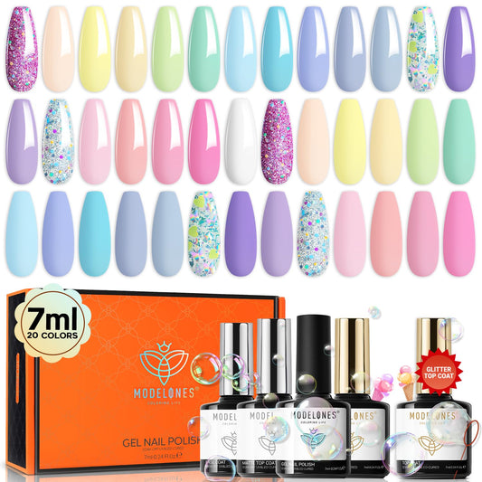 modelones 24Pcs Gel Nail Polish Set, 20 Colors Easter Pastel Gel Polish Set Macaron Colors with Glitter & Glossy & Matte Top + Base Coat Soak Off LED Nail Art Kit Salon at Home