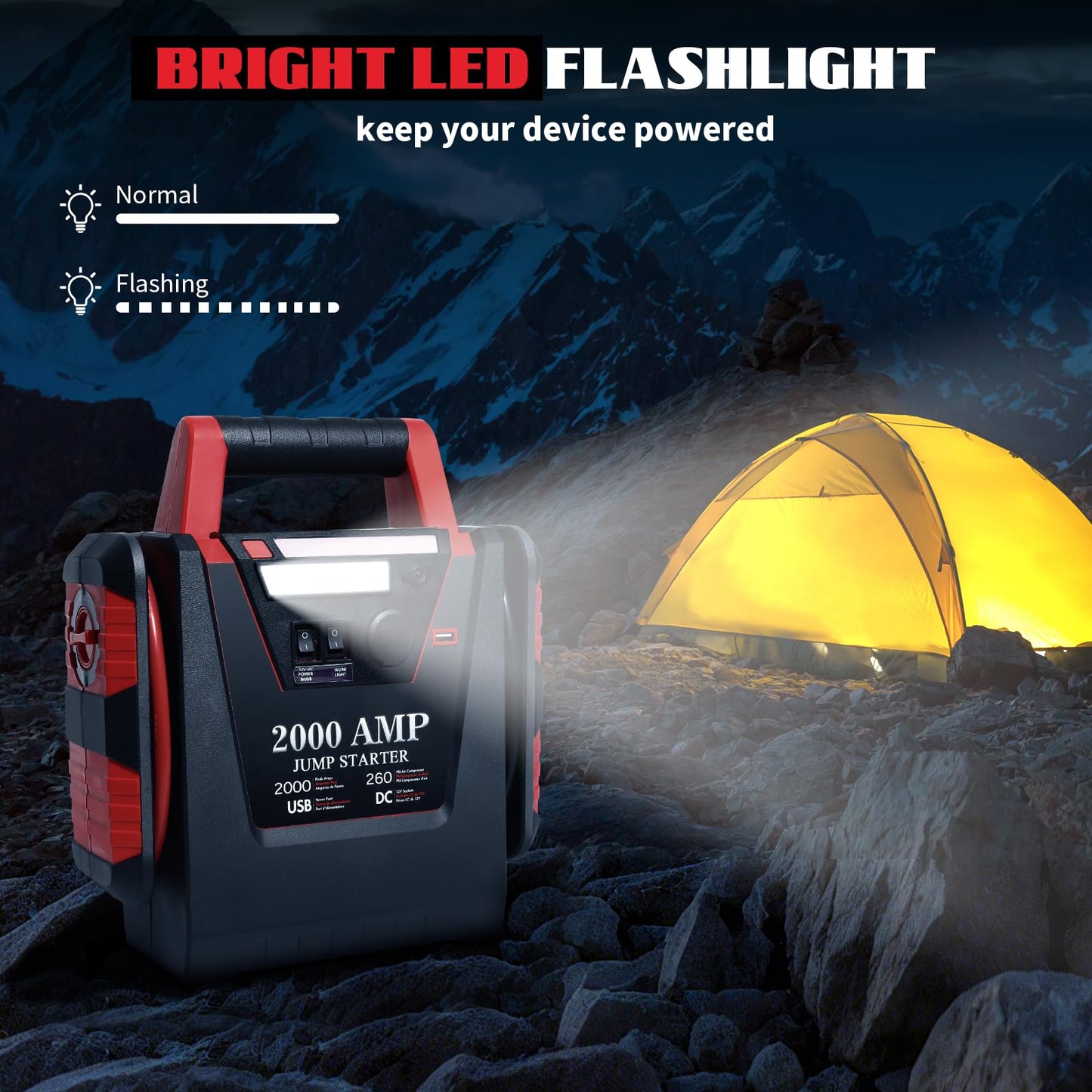 Jump Starter with Air Compressor,2000A Car Battery Jumper Starter 260 PSI Tire Inflator,6 in 1 Auto Lead-Acid Battery Booster Jump Starter for Up to 10.0L Gas or 8.0L Diesel with LED Light