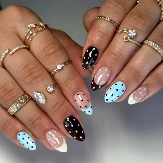 24PCS Soft Gel Press On Nails Almond Polka Dot Nude Blue Black Glossy, Reusable Glue On Fake Nails Acrylic Look False Nails for Women