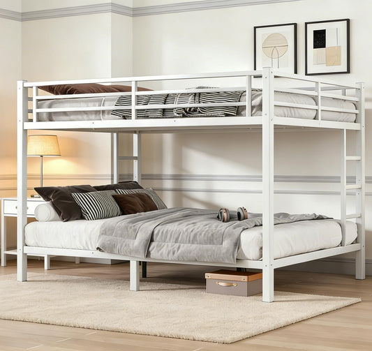 Bellemave Queen Over Queen Size Bunk Bed with Guardrail for Teens and Adults, Metal Bunk Bed Frame with 2 Ladders and Under Storage for Dorm and Bedroom, Noise Reduced, No Box Spring Needed, White
