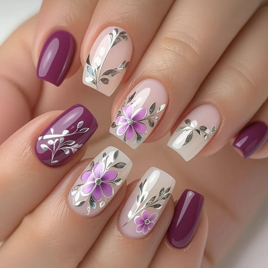 Purple Press on Nails Spring Fake Nails Medium Square False Nails Cute Flower Acrylic Nails with Silver Branch Design Full Cover Glue on Nails Summer Stick on Nails for Women Manicure Decoration 24Pcs