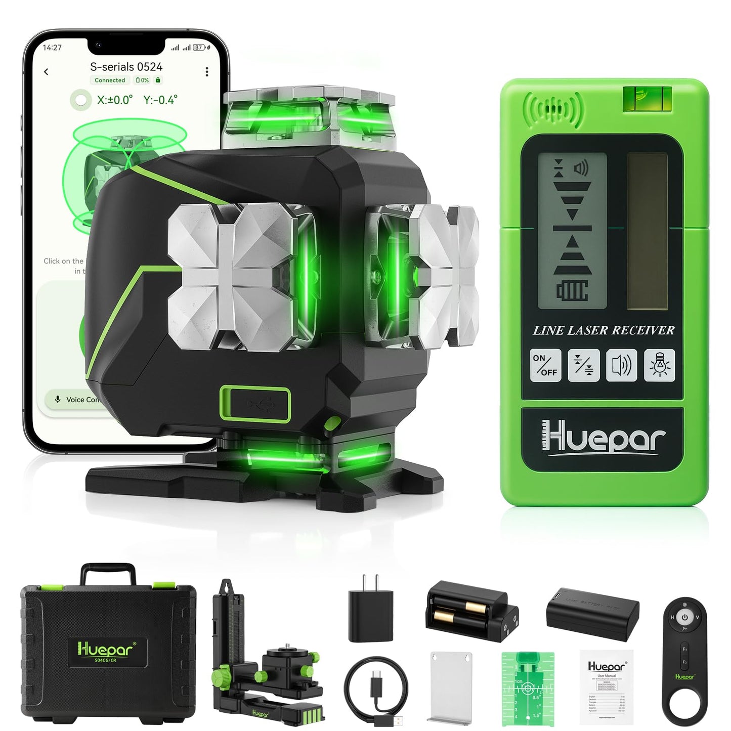 Huepar 16 Lines Self Leveling Laser Level 4x360° Cross Line Laser with Receiver -LCD Screen, 4D Bluetooth Green Beam Tiling Floor Laser Tool, 360° Horizontal/Vertical Laser Kit -Remote Control S04-5RG
