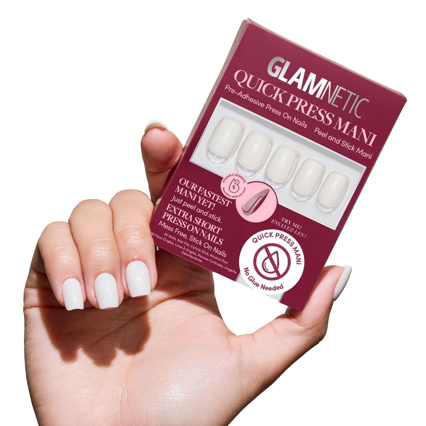 Glamnetic Quick Press Mani - No Glue Press On Nails, Just Peel and Stick, Square Extra Short Nails, Mess Free, Salon Quality Stick On Nails, Porcelain | in 15 Sizes - 30 Nail Kit | Gift For Mom