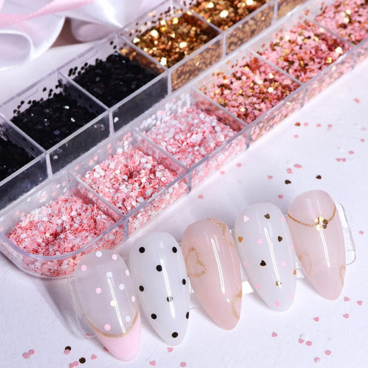 1 Box 4 Color Holographic Hearts Nail Glitter Round Star Nail Sequins 3D Pink Gold Nail Flakes Sparkly Glitter Flakes Shiny Nail Glitter Valentine's Day Nail Sequins Glitter for Nails Art 12 Grids