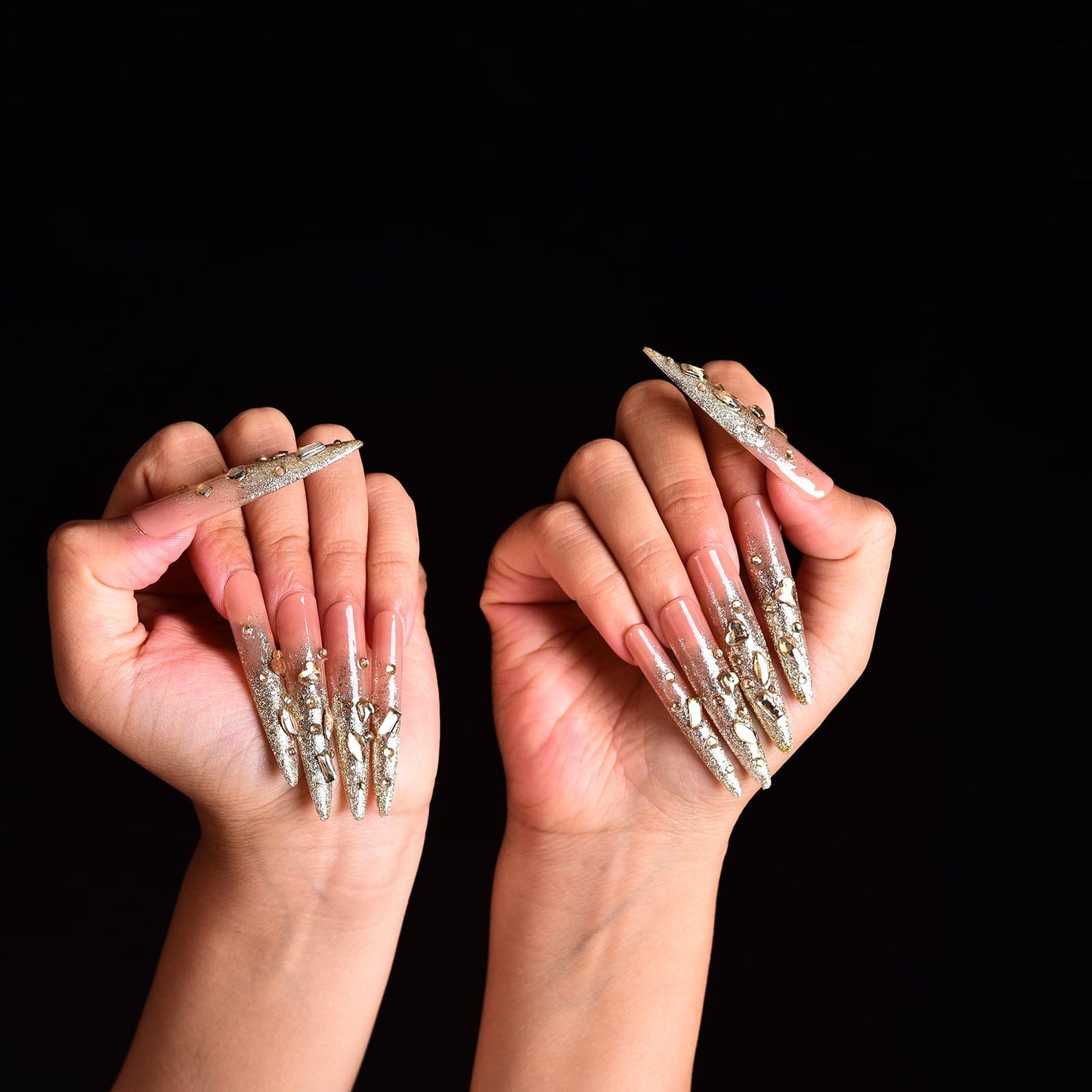 Tmani 10pc/set Extra Long Handmade Press On Nail Hot Girl's Long Ballet Nails Pointed Nail Full of Diamond Glitter Decoration Fake Nails Suitable For Girls Festival Parties and Birthday Gift (140,M)