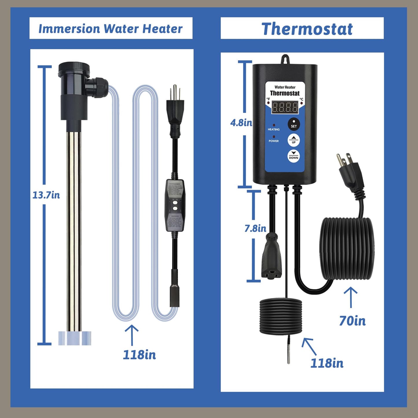 XCLBTFDC 1000W Immersion Water Heater Portable Electric Hot Tub and Bathtub Fully Submersible Water Heater with Thermostat, GFCI Leakage Protection for Hot Tub, Water Trough, Buckets, pool Easy to use