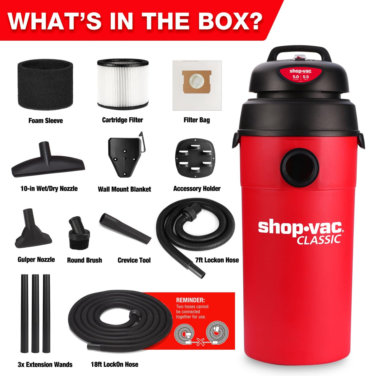 Shop-Vac 5 Gallon 5.5 Peak HP Wet/Dry Vacuum, Wall Mountable Compact Shop Vacuum with 18+7Ft Long Hose & Attachments, Ideal for Jobsite, Garage, Car & Workshop. 9522236