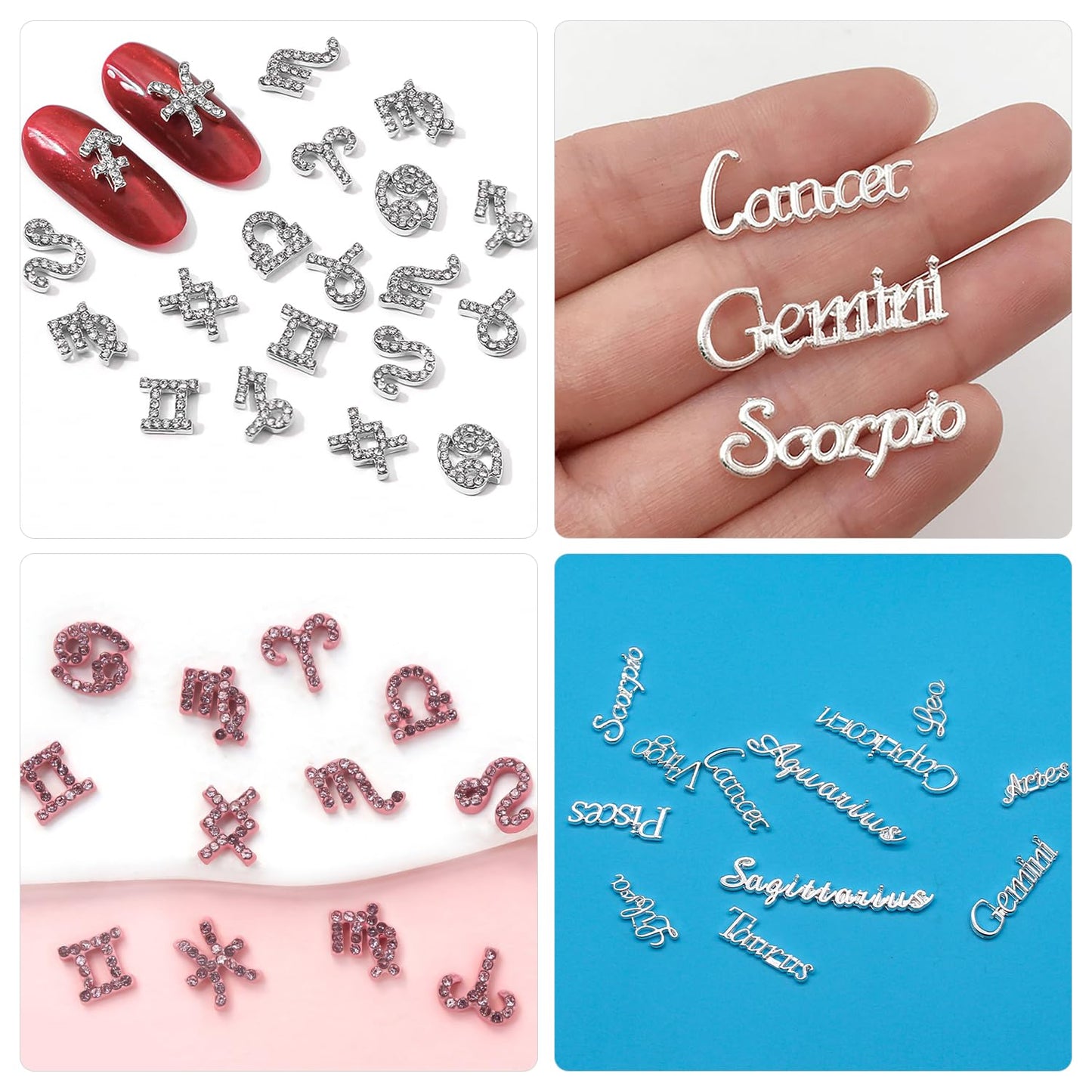 JERCLITY 48 Pieces Pink Silver Alloy Zodiac Nail Charms Zodiac Signs Nail Studs Constellation Words Charms for Nails Twelve Constellation Nail Charms Set for Women Girls Nail Art