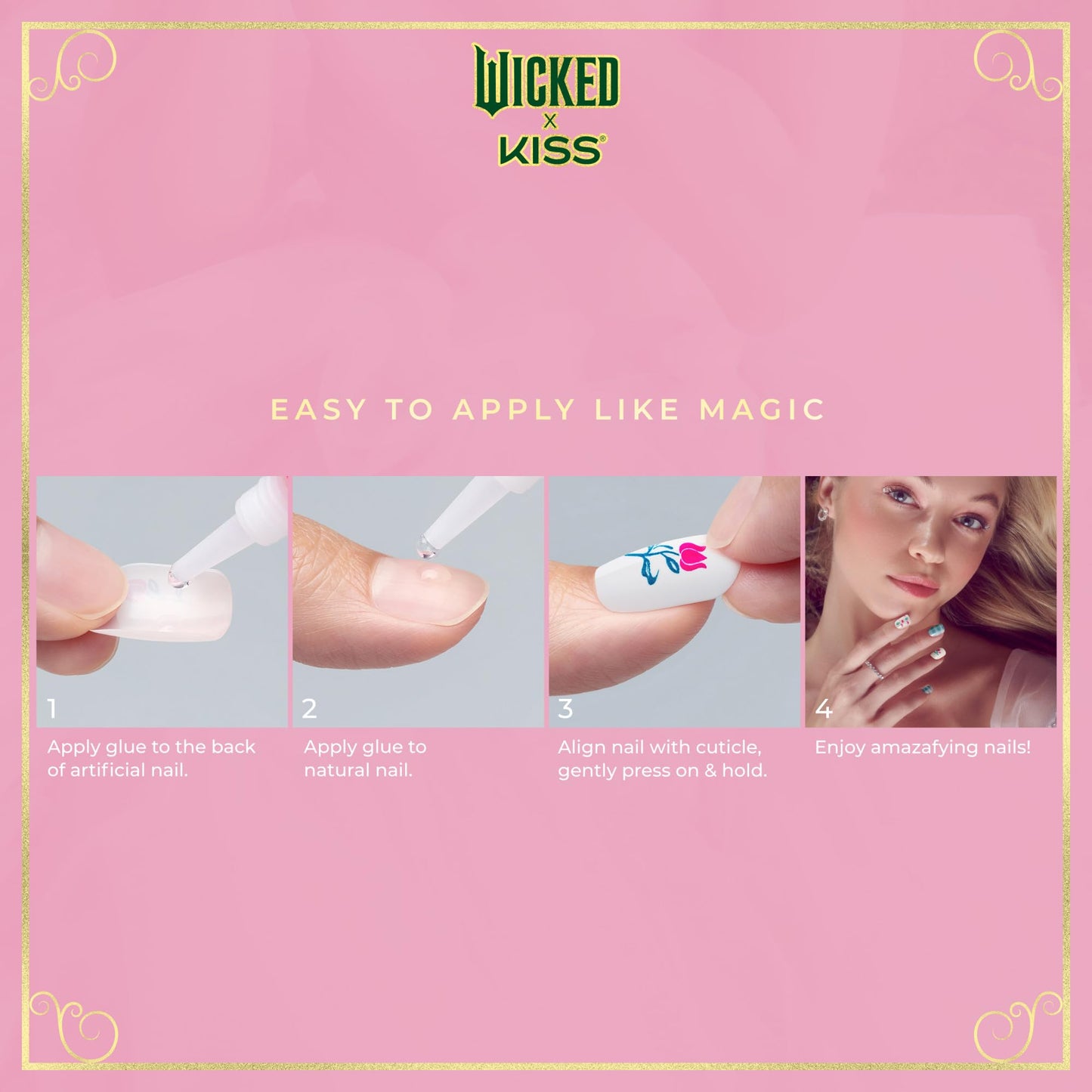 WICKED X KISS Press On Nails, ‘There's Joy’, Neutral, Short Oval, Waterproof, Chip Proof, Smudge Proof, 28 Fake Nails, Pink Gel Nail Glue (2g), Mini Nail File, & Manicure Stick
