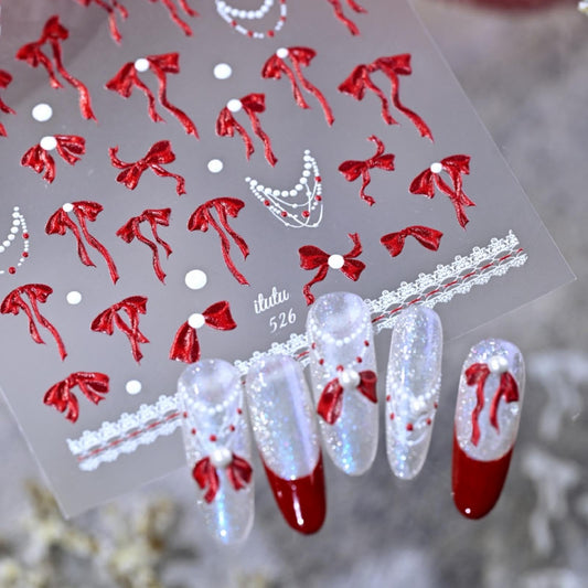 Bow Nail Stickers 5D Embossed Red Bowknot Nail Art Stickers 3D Self-Adhesive Laser Ribbon Nails Supplies White Bead Necklace Nail Decals Stickers Cute Nail Designs for Women DIY Manicure 1 Sheet