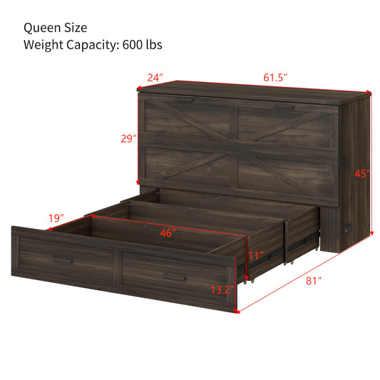 Bellemave Queen Murphy Bedframe, Cabinet Bed with Charging Station and Storage, Farmhouse Murphy Cabinet with Foldable Panel, Noisy Free, for Guest Bedroom, Living Room, Office, Rustic Gray