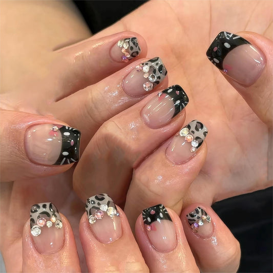 Rilafuvu Press on Nails Medium Ballerina Fake Nails Leopard French Tip Glue on Nail with Rhinestones Designs Acrylic Nails Cute Cat False Nails 24Pcs Coffin Stick on Nail for Women Girls