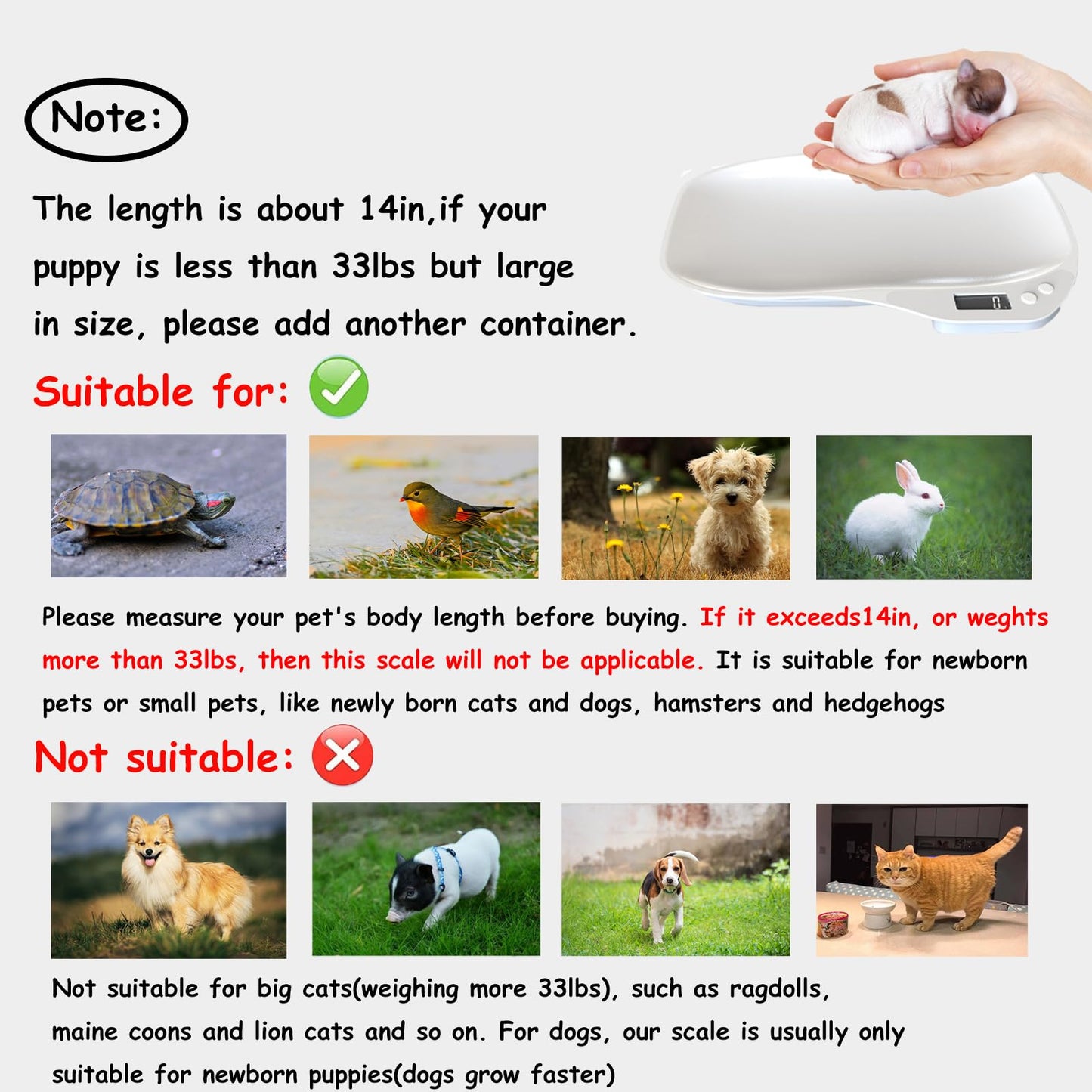 Small Animals Digital Pet Scale for Dogs Cats, Portable Electronic Kitchen Food Weighing Scales Max 33 lbs, LCD Scale with Tray, for Food, Puppy, Kitten, Lizard, Hamster, Tortoise, Helping
