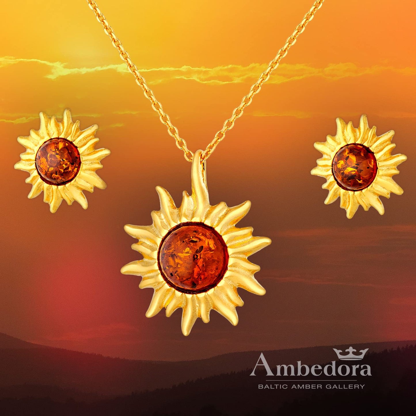 AMBEDORA Women's Jewellery Set Little Sun, Gold Plated Sterling Silver, Baltic Amber in Cognac Colour, Gold Plated Pendant on Chain and Earrings