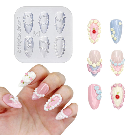 3D Nail Art Silicone Mold with 6 Embossed Designs – DIY Gel Carving Mold for Manicure, Ruffles, Chains & Bows – Nail Decoration Craft Mould for Women and Professionals