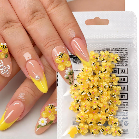 Flowers Bees Nails Art Decoration Spring Summer Acrylic Nails Supplies Holographic Relief Cute Cartoon Bee Flower Nail Ornaments Acrylic Jewelry Studs Nail Art Flakes for Women Manicure Decor