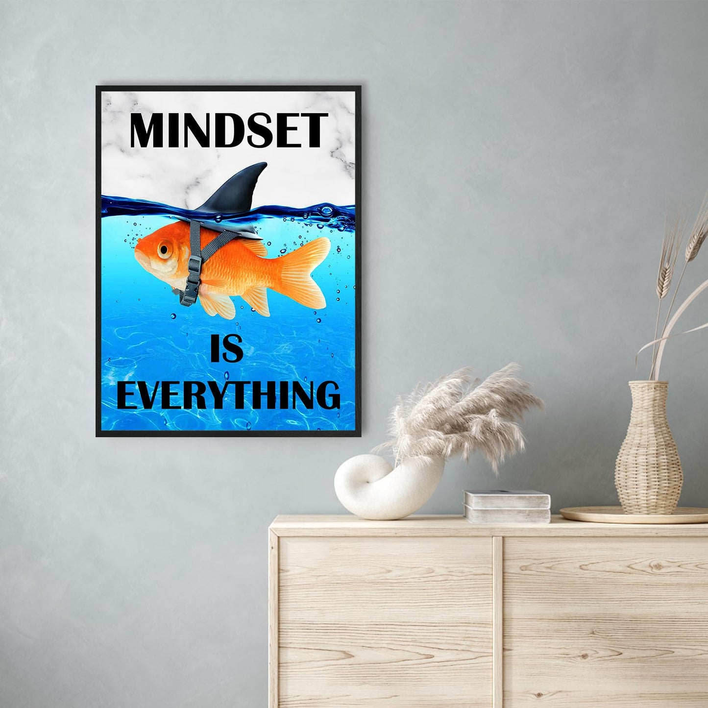 Mindset Is Everything Wall Art:Motivational Wall Decor for Office,Goldfish Prints Posters Inspirational Wall Art Framed,Uplifting Self Improvement Positive Quote Home Office Wall Art 12"x15"