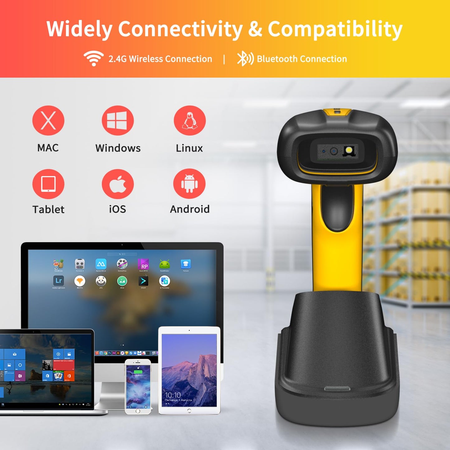 NETUM Upgraded QR Industrial Bluetooth Barcode Scanner with Charging Dock, Wireless 2D 1D Bar Code Reader 2600mAh Drop Protection Shock Dust Proof Hands Free for Windows Mac Android iOS (RD-1202W)
