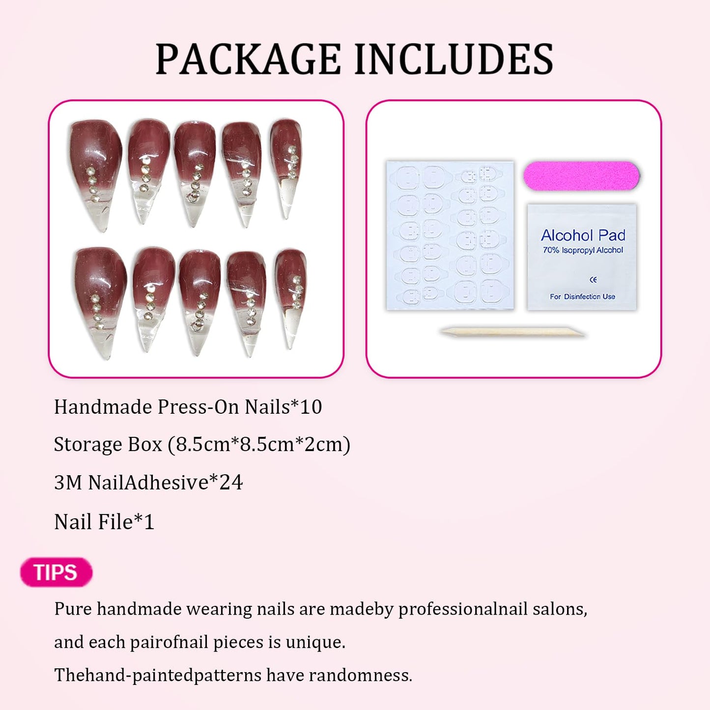 Handmade Press on Nails Curved Stiletto Fake Nails Eagle Claw Art Design Dragon Claw False Nail Wine Red Glitter French Tip Acrylic Nail Glossy Stick on Nails for Women (M)