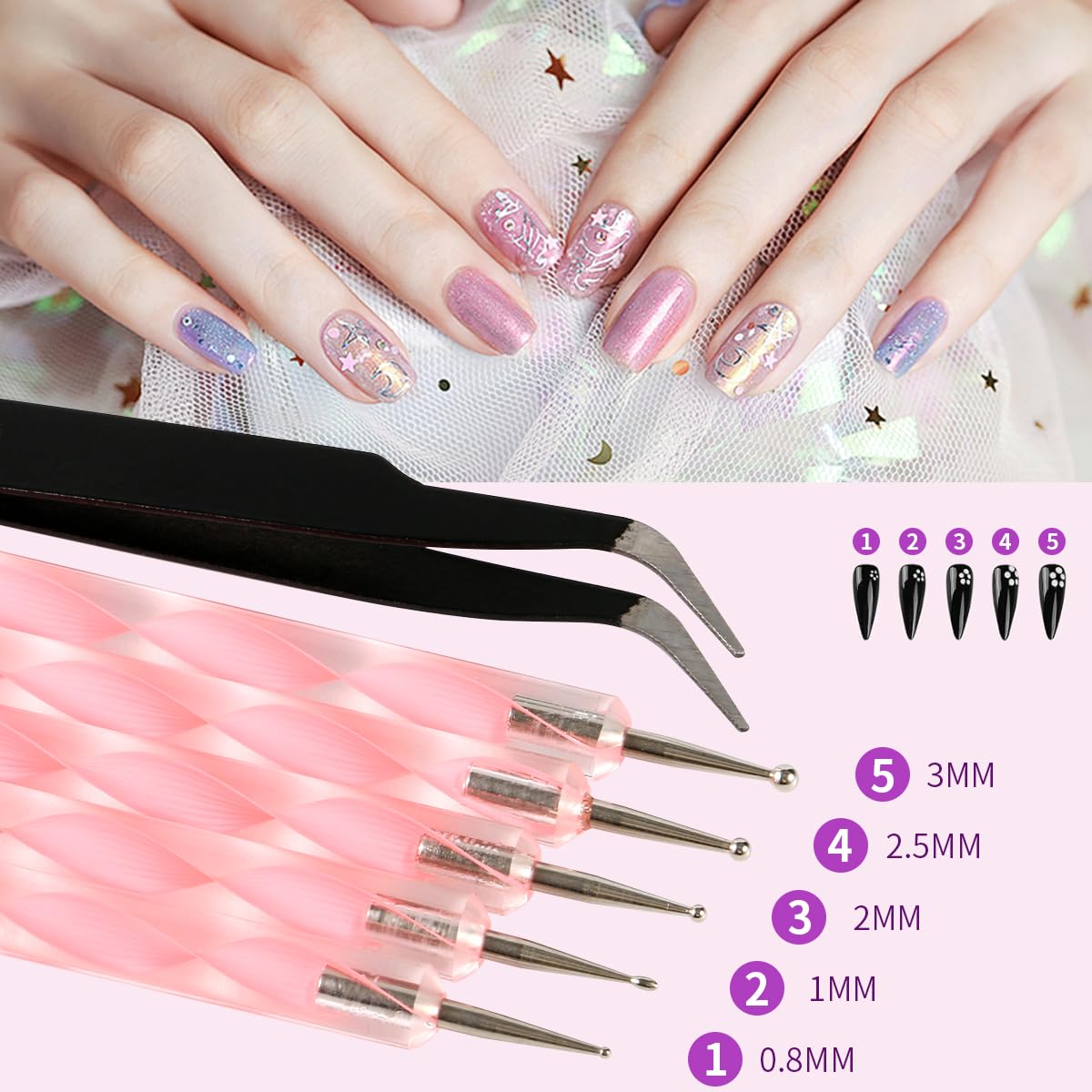 Nail Art Kit Nail Design Tools Kit Nail Art Brushes Set with Nail Stickers Nail Gems Almond Tips Nail Long Coffin False Nail Tips Nail Charms Dotting Tools Chrome Powder Nail Supplies Gifts for Girls