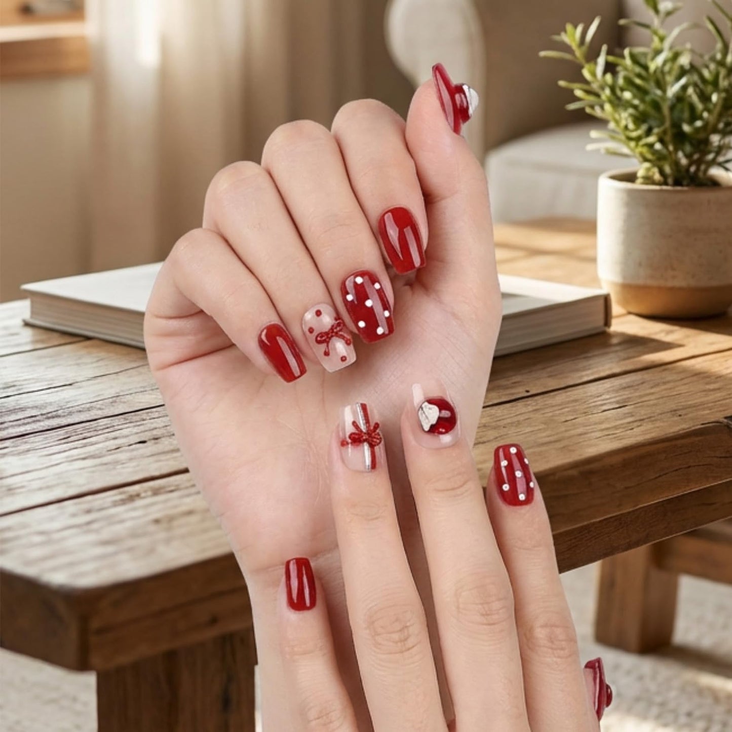 3D Red Press On Nails, Cute Bow & Polka Dot Design, Glossy Square Fake Nails with 3D Flower Accent, Holiday On Nails for Women, 30 PCS Set (The sizing runs small)
