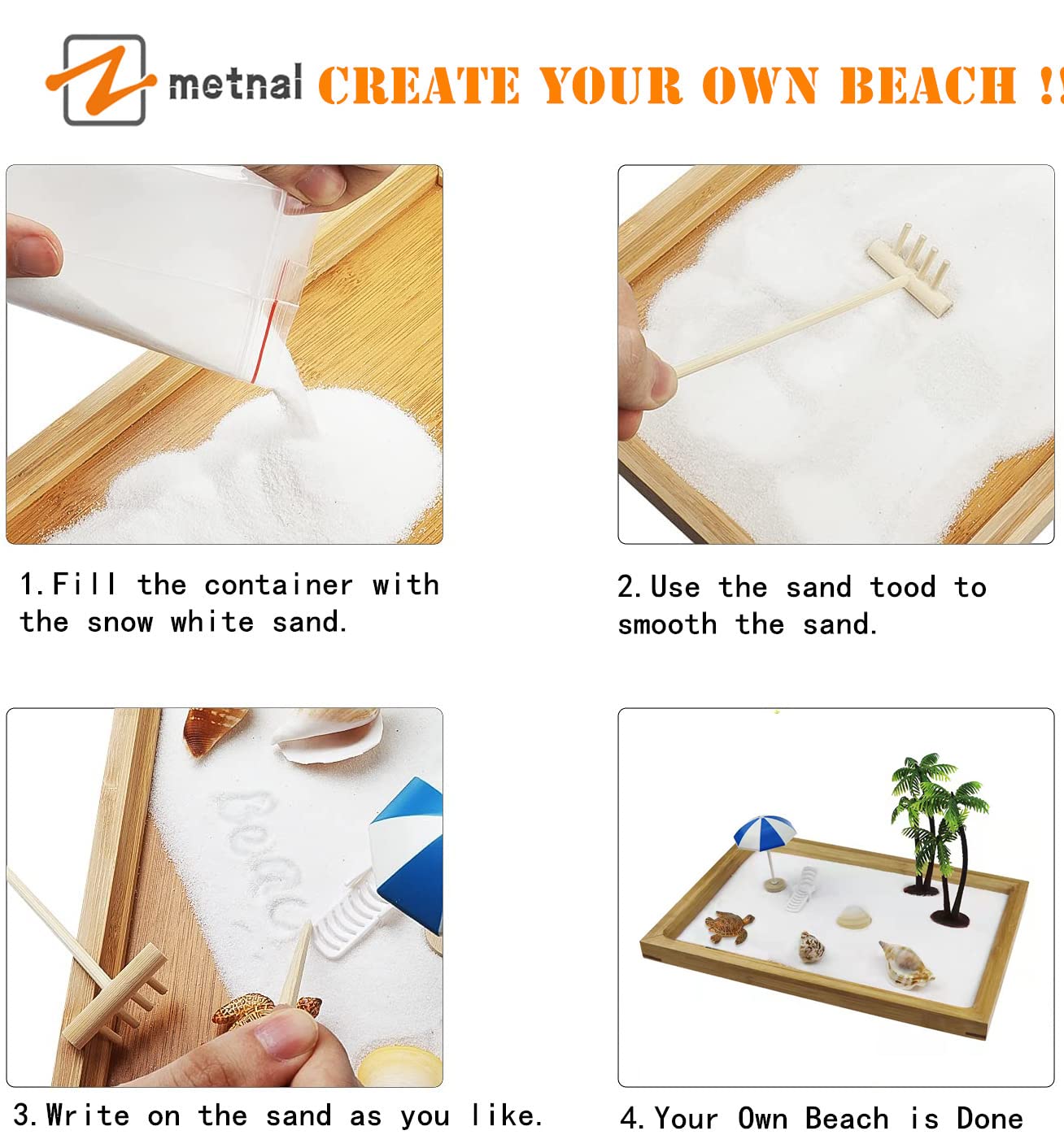 Japanese Zen Garden for Desk, Mini Small Beach Zen Garden Kit for Desk, Meditation Accessories Desktop Sandbox, Relaxing Claiming Gift for Man Women, White Sand with Wooden Tray, Z metnal, Not a Toy