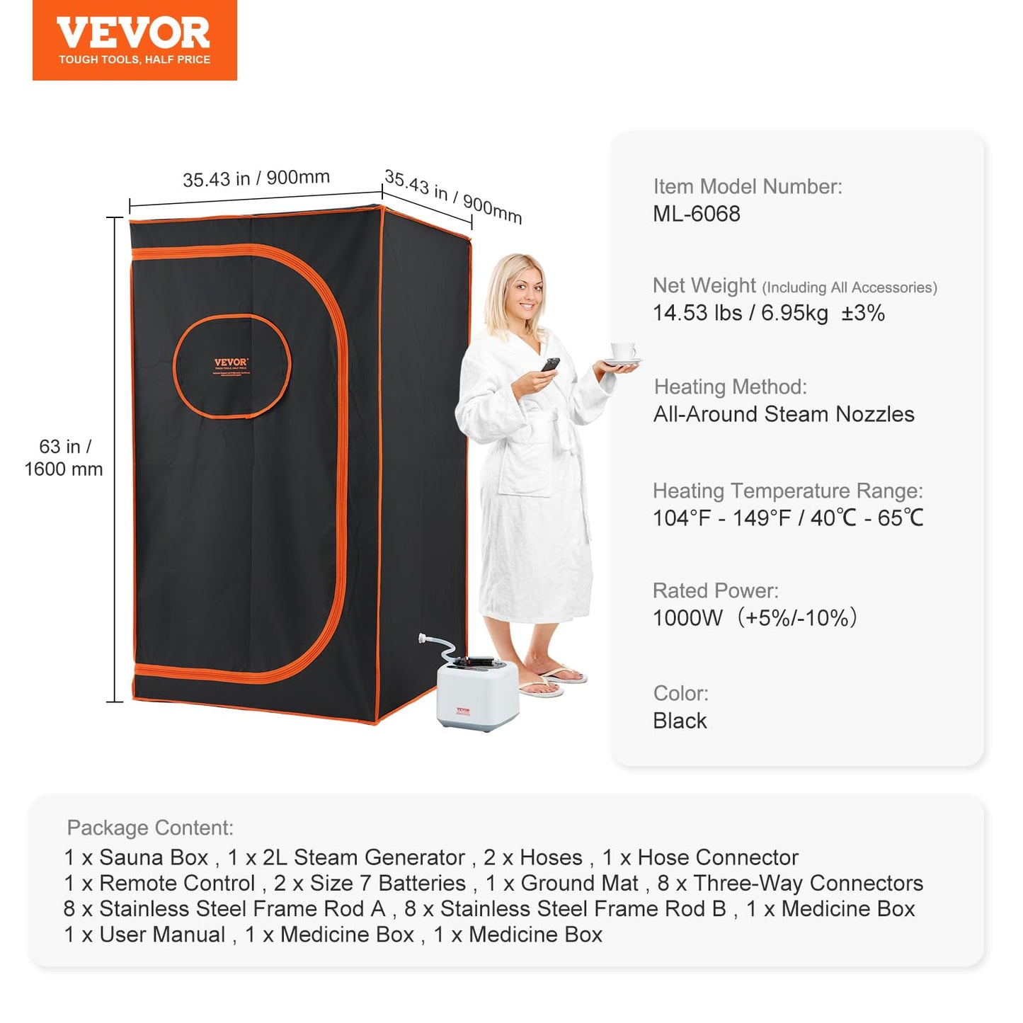 VEVOR Portable Steam Sauna Tent Full Size, 1000W Personal Sauna Kit for Home Spa, Detoxify & Soothing Heated Body Therapy, Time & Temperature Remote Control with Floor Mat