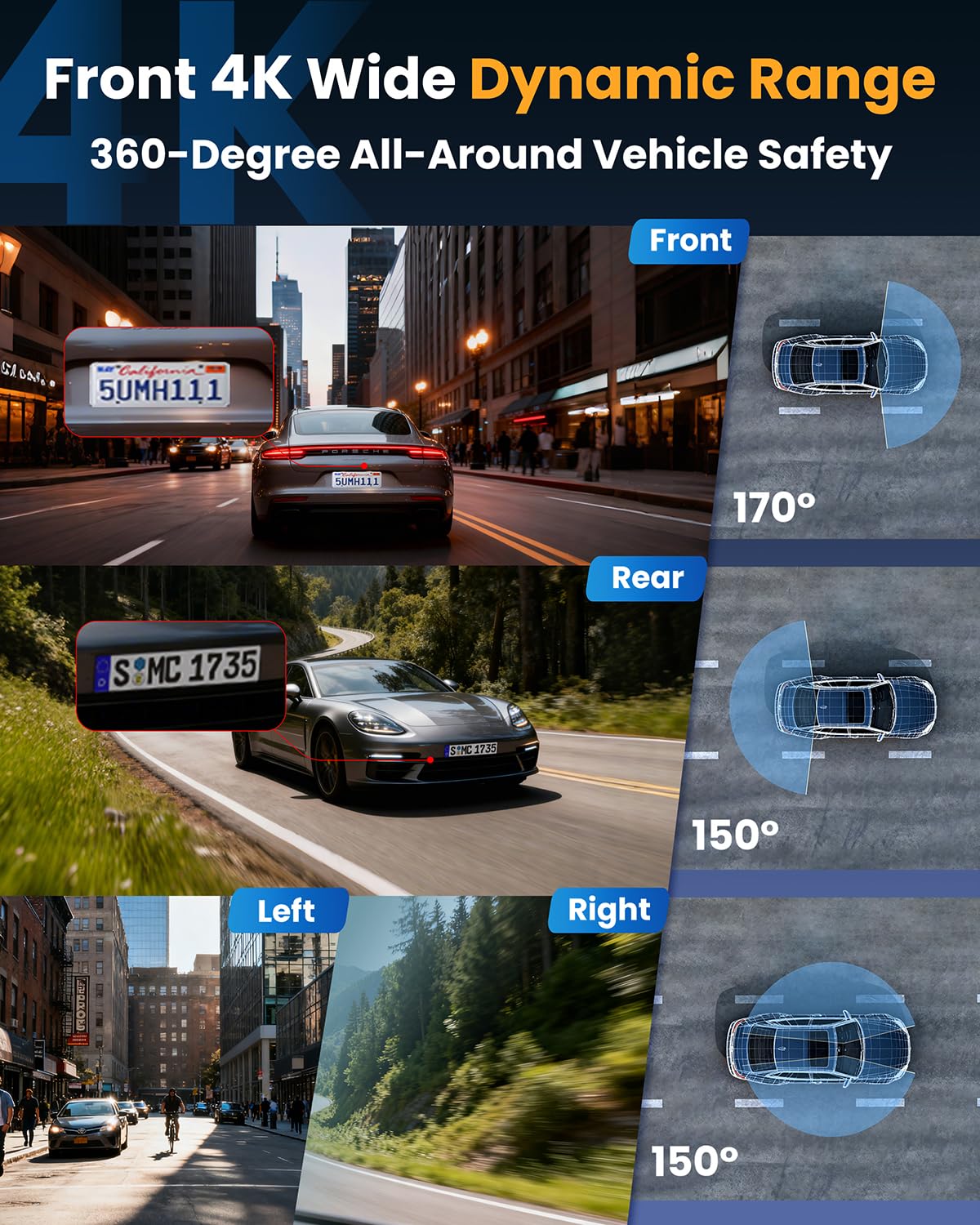 4 Channel 360° Dash Cam Front Rear Inside & Left Right,4K+1080P*3 FHD Car Camera,5GHz WiFi & App Control,8 IR Lamps Night Vision,24H Parking Mode,G-Sensor,Loop Recording,Includes 64GB SD Card（Black）