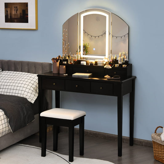 CHARMAID Makeup Vanity Desk with Lights and Mirror, Tri-Folding Lighted Mirror with 3 Color Modes, Vanity Table Set with 6 Drawers, 12 Storage Compartments & Cushioned Stool for Bedroom, Black