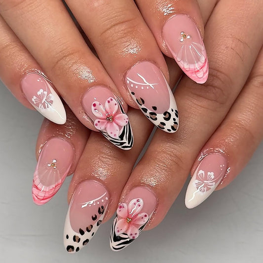 30pcs Press On Nails Medium Almond Fake Nails Press Ons With Flower Pearls Design French Leopard Print Acrylic Nails Pink Glossy False Spring Summer Glue On Nails For Women Manicure Decorations