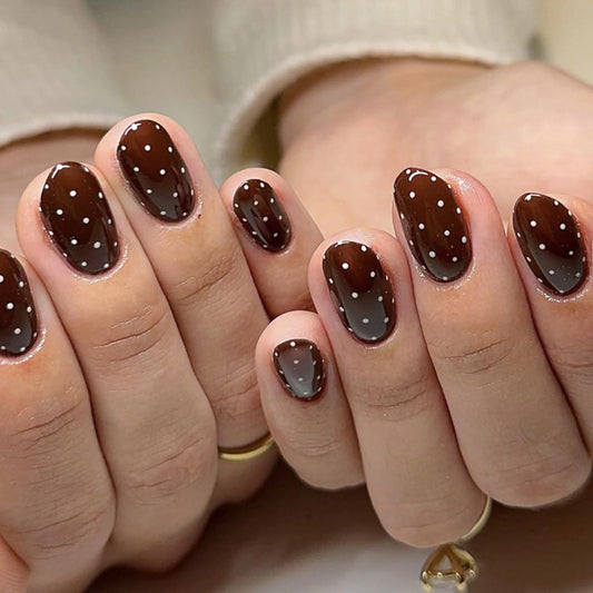 MISUD Press on Nails - Short Oval Fake Nails with Polka Dot, Acrylic Fall Brown Design 24 pcs