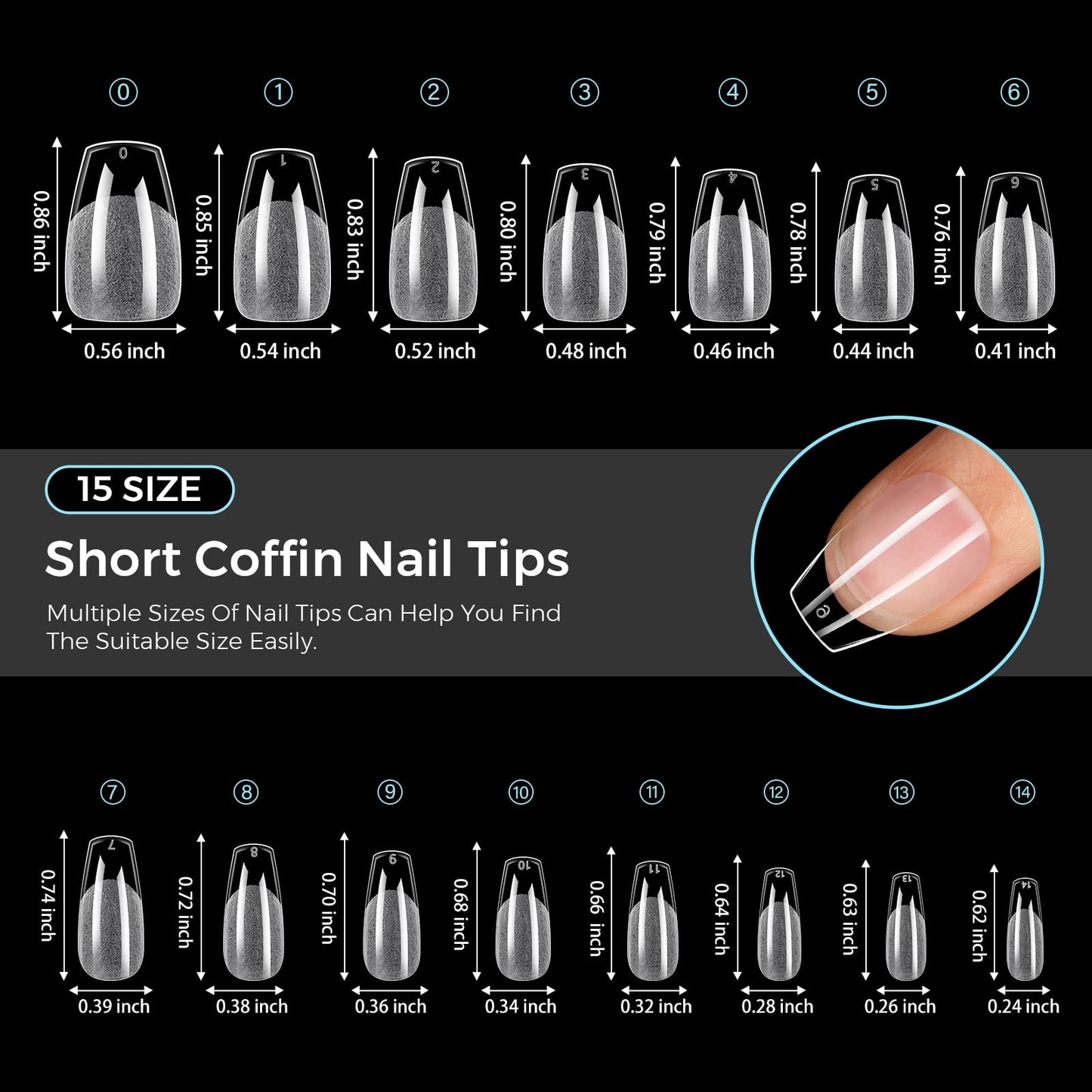 TOMICCA Short Coffin Nails Tips, 240PCS 15 Sizes Pre-Shaped Ultra Half Matte Clear Full Cover Acrylic Nails for DIY Salon, Gel Nail Extension Tips for Beginners & Nail Techs